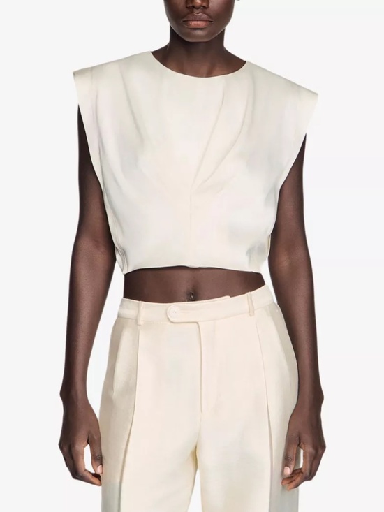 Sandro Tops - Boulogne Pleated Round-Neck Satin Crop Top